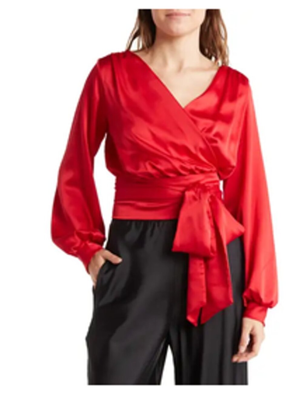 Renee C RED Satin Wrap Blouse XL Surplice V-Neck Tie Waist Long Sleeve